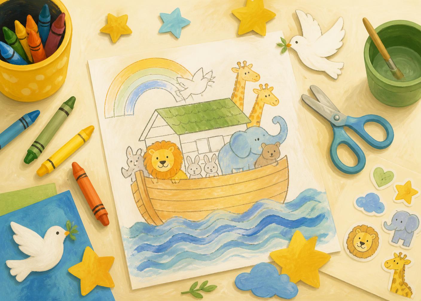 Un bureau d'enfant avec des crayons et un coloriage d'arche à moitié colorié
